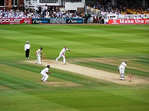 Archivo:Flintoff bowling Siddle, 2009 Ashes 2