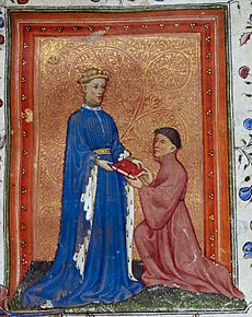 Archivo:Henry, Prince of Wales, presenting this book to John Mowbray. Thomas Hoccleve, Regement of Princes, London, c. 1411-1413, Arundel 38, f. 37detail