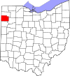 Mapa de Ohio con la ubicación del condado de Paulding