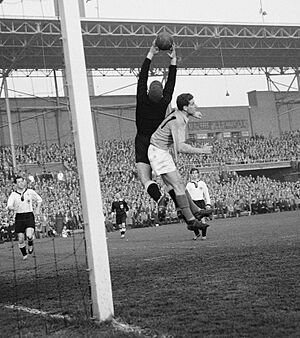 Archivo:Voetbal Nederland tegen Duitsland in Olympisch Stadion Amsterdam Tilkowski en v, Bestanddeelnr 908-4686, Hans Tilkwoski vs Cor van der Gijp (cropped)