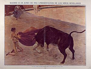 Archivo:1914-07-07, La Lidia, Madrid 13 de junio de 1912.—Presentación de los niños sevillanos.—José Gómez Gallito, en un gran cambio de rodillas al salir de su primer toro, por Adolfo Durá
