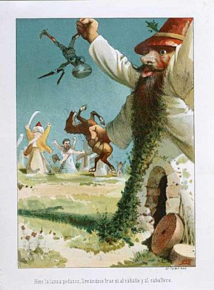 Archivo:Hizo la lanza pedazos, llevándose tras sí al caballo y al caballero, de Apeles Mestres, Don Quijote de la Mancha, 1879