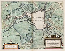 Archivo:Siege of Den Bosch 1629 - Nouvelle Carte Representant La Ville de Boldvc en plan, avec ses Rempars, Fossez, Forteresses d'alentour, etc (J.Blaeu, 1649)