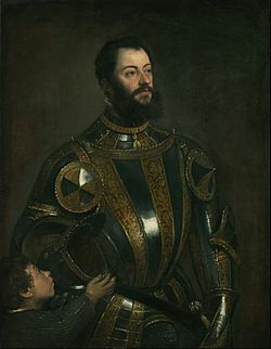 Archivo:Titian (Tiziano Vecellio) (Italian - Portrait of Alfonso d'Avalos, Marquis of Vasto, in Armor with a Page - Google Art Project