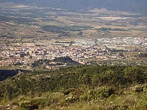 Vista de Ibi desde el Teixereta, se puede apreciar la A-7 al fondo y la Ermita de Santa Lucía en primer plano