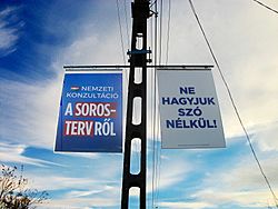 Archivo:Billboards of national consultation on the Soros plan in Zichyújfalu, Fejér County, Hungary 1