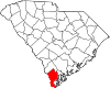 Mapa de Carolina del Sur con la ubicación del condado de Jasper
