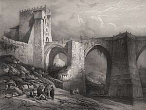 Archivo:1850, España artística y monumental, vistas y descripción de los sitios y monumentos más notables de españa, vol 3, Puente de San Martín en Toledo (cropped)