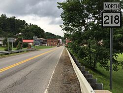 2017-07-23 17 52 13 View north along West Virginia State Route 218 (Main Street) at U.S. Route 250 (Husky Highway) in Farmington, Marion County, West Virginia.jpg