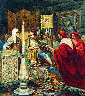 Archivo:Alexander Nevskiy receiving papal legates by Siemiradzki (litography)