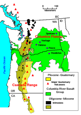 La meseta del Columbia cubre gran parte del Grupo Basáltico Río Columbia (en inglés), en verde en este mapa. Las ciudades de Spokane, Yakima y Pasco (WA) y Pendleton, se encuentran en la meseta.