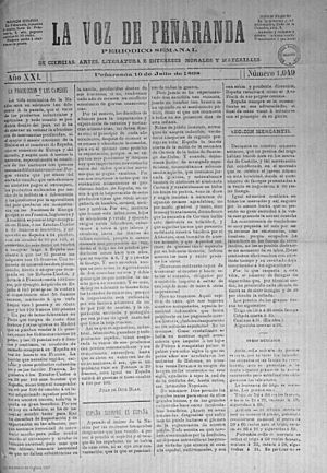 Archivo:Ejemplar de "La Voz de Peñaranda" de 10 de julio de 1898
