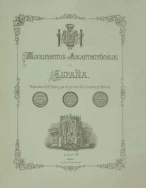 Archivo:Monumentos Arquitectónicos de España (1859) portada, versión con rayado
