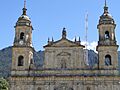 Towers of the cathedral in the background of the mountains