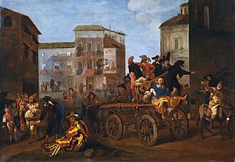 Archivo:Jan Miel – Actors from the Commedia dell’Arte on a Wagon in a Town Square
