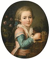 Marie-Victoire Lemoine (attr) Portrait of a boy feeding two bird