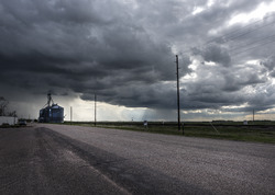 Ominous clouds above Pine Bluffs, a small farming community on the Nebraska border in Laramie County, Wyoming LCCN2015632936.tif