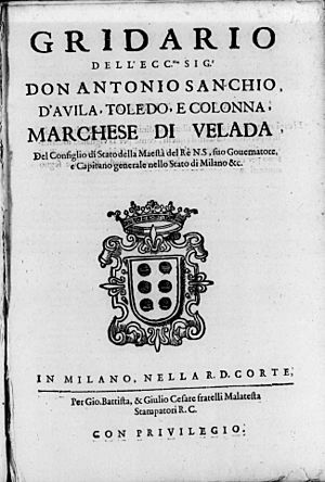 Archivo:Sancho Dávila y Toledo, Antonio – Gridario dell'eccellentissimo signor don Antonio Sanchio, d'Avila, Toledo, e Colonna, marchese di Velada, 1646 – BEIC 15109350