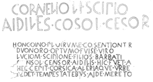 Archivo:Sepolcro scipioni, iscrizione B, lucio cornelio scipione console nel 259 ac