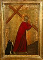 'Christ Bearing the Cross, with a Dominican Friar', tempera on panel painting by Barna da Siena , 1330-1350, Frick Collection