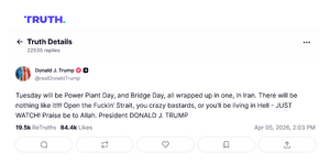 Archivo:2026-04-06 Trump auf Truth Social – Power Plant ay, Bridge Day, fuckin' Strait, crazy bastards 192809