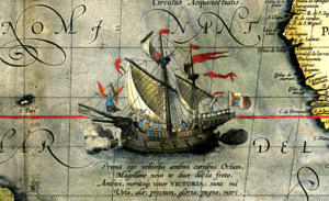 Archivo:Detail from a map of Ortelius - Magellan's ship Victoria