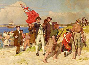 Archivo:Landing of Lieutenant James Cook at Botany Bay, 29 April 1770 (painting by E Phillips Fox)