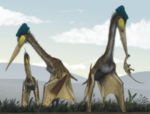 Archivo:Life restoration of a group of giant azhdarchids, Quetzalcoatlus northropi, foraging on a Cretaceous fern prairie