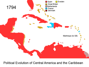 Archivo:Political Evolution of Central America and the Caribbean 1794 na