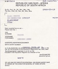 Archivo:Population registration certificate South Africa 1988