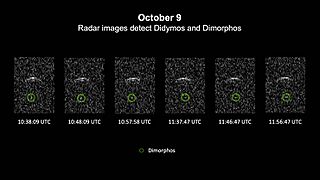 The images show a series of radar images captured at different times on Oct. 9, 2022, of the Didymos and Dimorphos binary asteroid system obtained from radar facilities at NASA JPL