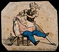 A French barber shaving John bull. Coloured etching. Wellcome V0019690