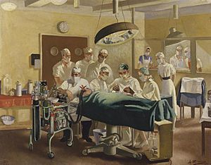 Archivo:Archibald Mcindoe - Consultant in Plastic Surgery to the Royal Air Force, operating at the Queen Victoria Plastic and Jaw Injury centre, East Grinstead Art.IWMARTLD6001