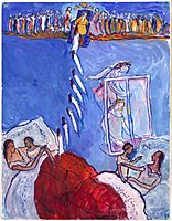 Una madre con su hijo en una cama representada en una escena doble, sobre fondo azul unas figuras suben cortando en cuadro en dos a unirse con otras 