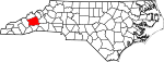 Mapa de Carolina del Norte con la ubicación del condado de Buncombe