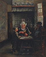 Un matrimonio campesino comen con su hijo en una habitación pobremente amueblada