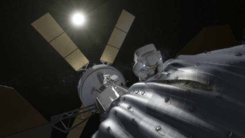 Astronaut preparing to take samples from the captured asteroid