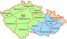 Provincias históricas de la corona de Bohemia: Silesia (naranja), Moravia (azul) y Bohemia (verde) y las regiones administrativas vigentes en la República Checa.