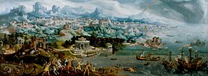 Archivo:Maerten van Heemskerck - Panorama with the Abduction of Helen Amidst the Wonders of the Ancient World - Walters 37656
