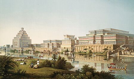 Archivo:Artist’s impression of Assyrian palaces from The Monuments of Nineveh by Sir Austen Henry Layard, 1853