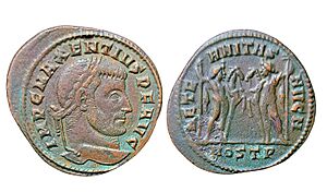 Archivo:Follis con Massenzio e i Dioscuri, zecca di Ostia, 309-311, RIC VI 35