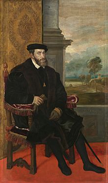 Portrait of Charles V, Holy Roman Emperor, seated (1500–1558), formerly attributed to Titian (Alte Pinakothek, Munich).jpg
