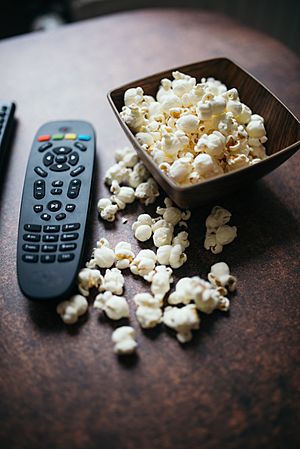 Archivo:Remote control and popcorn on brown table closeup