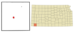 Stevens County Kansas Incorporated and Unincorporated areas Hugoton Highlighted.svg