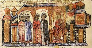Archivo:The mother of the Russian sovereign Svjatoslav, Olga along with her escort from the Chronicle of John Skylitzes