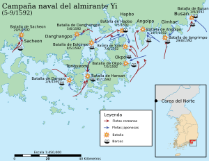 Archivo:Admiral Yi Sunshin's Naval campaigns in 1592-es