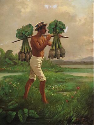 Archivo:Man with a Yoke Carrying Taro by Joseph Strong, oil on canvas board, 1880, Honolulu Museum of Art, accession 12692.1