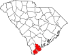 Mapa de Carolina del Sur con la ubicación del condado de Beaufort