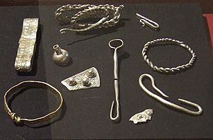 Archivo:Silver and gold arm neck rings brooch fragments york hoard