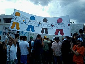 Archivo:Protestors with sign Venezuela 2014